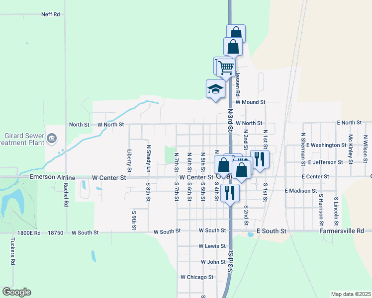 map of restaurants, bars, coffee shops, grocery stores, and more near 522 West Washington Street in Girard