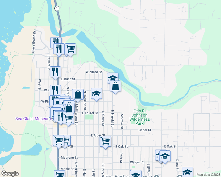 map of restaurants, bars, coffee shops, grocery stores, and more near 661 East Fir Street in Fort Bragg
