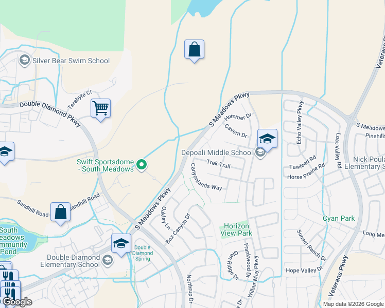 map of restaurants, bars, coffee shops, grocery stores, and more near 1585 Trek Trail in Reno