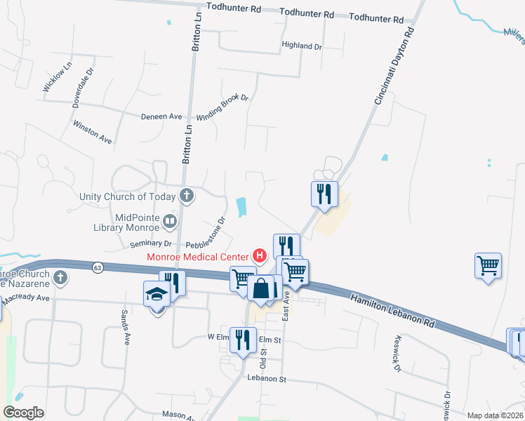 map of restaurants, bars, coffee shops, grocery stores, and more near 110 Overbrook Court in Monroe