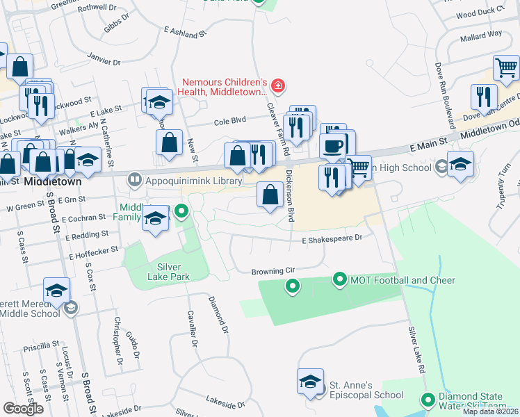 map of restaurants, bars, coffee shops, grocery stores, and more near 19 North Cummings Drive in Middletown