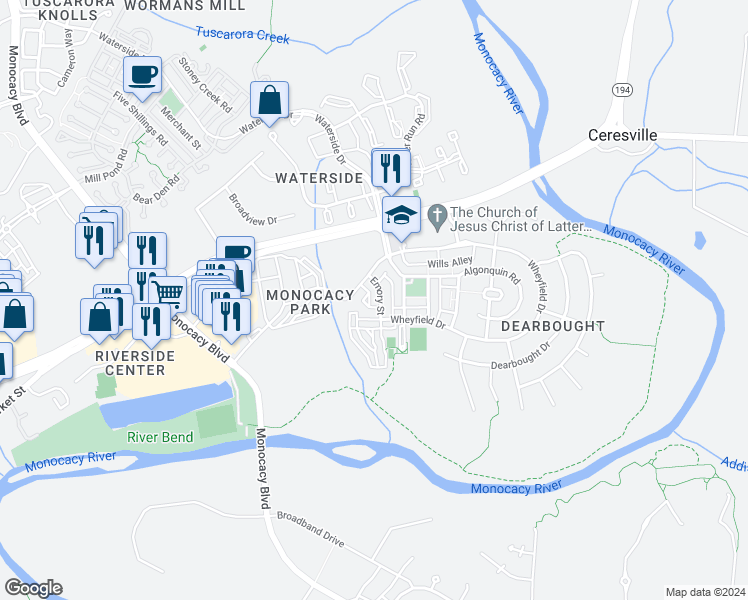 map of restaurants, bars, coffee shops, grocery stores, and more near 1721 Emory Street in Frederick