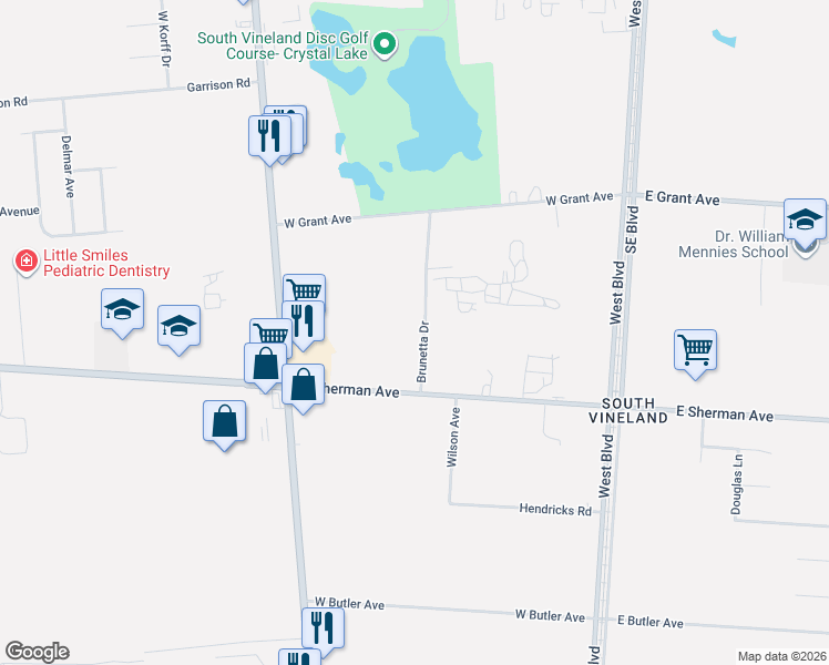 map of restaurants, bars, coffee shops, grocery stores, and more near 2640 Brunetta Drive in Vineland
