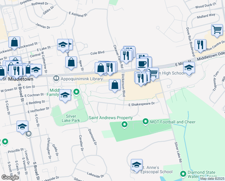 map of restaurants, bars, coffee shops, grocery stores, and more near 18 South Cummings Drive in Middletown