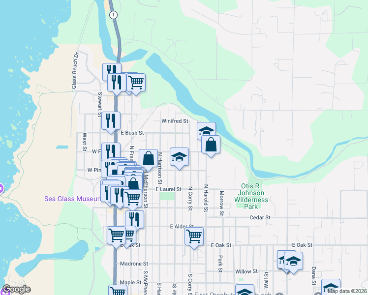 map of restaurants, bars, coffee shops, grocery stores, and more near 533 East Fir Street in Fort Bragg