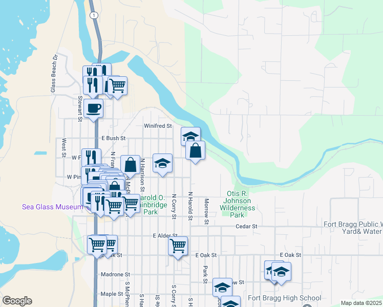 map of restaurants, bars, coffee shops, grocery stores, and more near 500 North Harold Street in Fort Bragg
