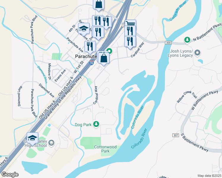 map of restaurants, bars, coffee shops, grocery stores, and more near 009 Saint Johns Circle in Parachute
