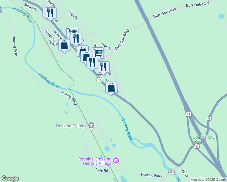 map of restaurants, bars, coffee shops, grocery stores, and more near 1155 Chestnut St in Nelsonville