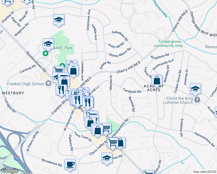 map of restaurants, bars, coffee shops, grocery stores, and more near 101 Fitz Court in Reisterstown