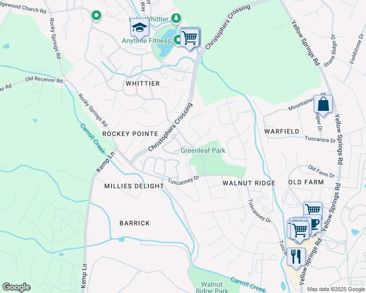 map of restaurants, bars, coffee shops, grocery stores, and more near 2100 Wayside Drive in Frederick