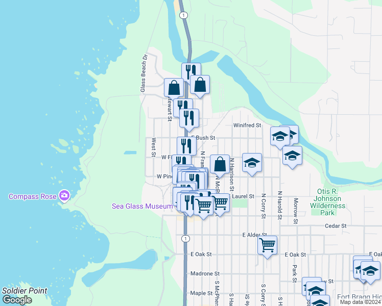 map of restaurants, bars, coffee shops, grocery stores, and more near 622 North Main Street in Fort Bragg