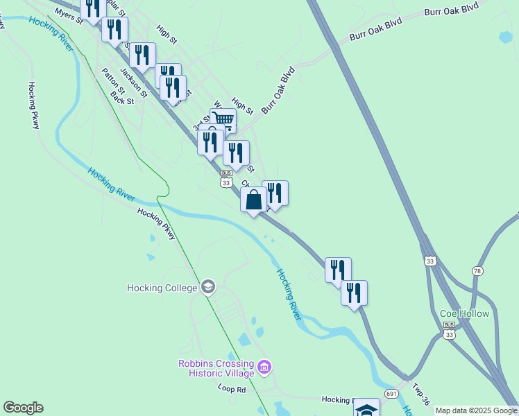 map of restaurants, bars, coffee shops, grocery stores, and more near 1155 Chestnut Street in Nelsonville