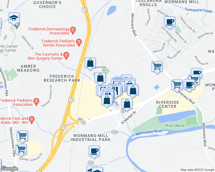 map of restaurants, bars, coffee shops, grocery stores, and more near 2605 Egret Way in Frederick