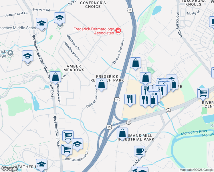 map of restaurants, bars, coffee shops, grocery stores, and more near 84 Thomas Johnson Court in Frederick