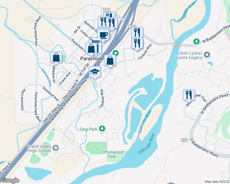 map of restaurants, bars, coffee shops, grocery stores, and more near 9 Saint Johns Circle in Parachute