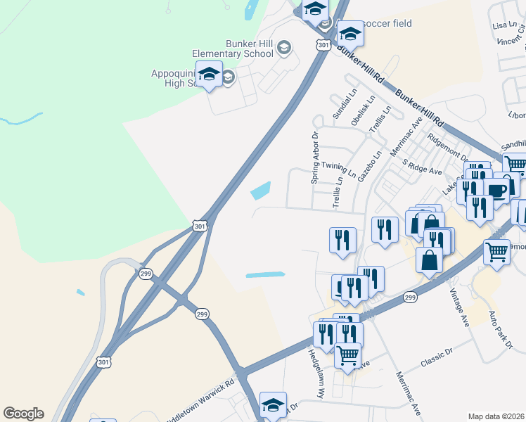 map of restaurants, bars, coffee shops, grocery stores, and more near 629 Garden Gate Drive in Middletown