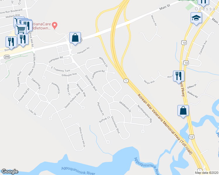map of restaurants, bars, coffee shops, grocery stores, and more near 220 Wilmore Drive in Middletown