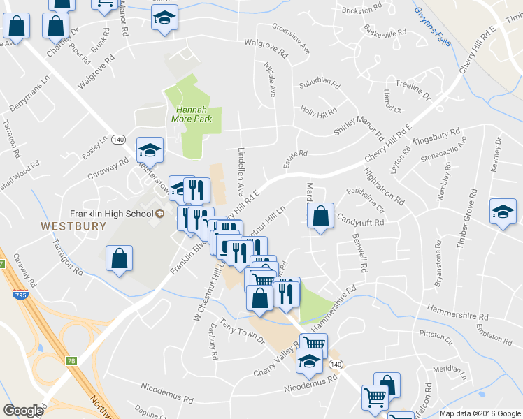 map of restaurants, bars, coffee shops, grocery stores, and more near 102 East Chestnut Hill Lane in Reisterstown