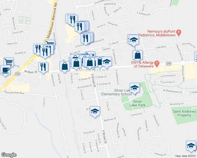 map of restaurants, bars, coffee shops, grocery stores, and more near 8 E Green St in Middletown