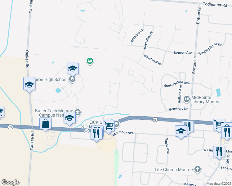 map of restaurants, bars, coffee shops, grocery stores, and more near 515 Heritage Green Drive in Monroe