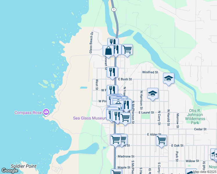 map of restaurants, bars, coffee shops, grocery stores, and more near 620 Stewart Street in Fort Bragg