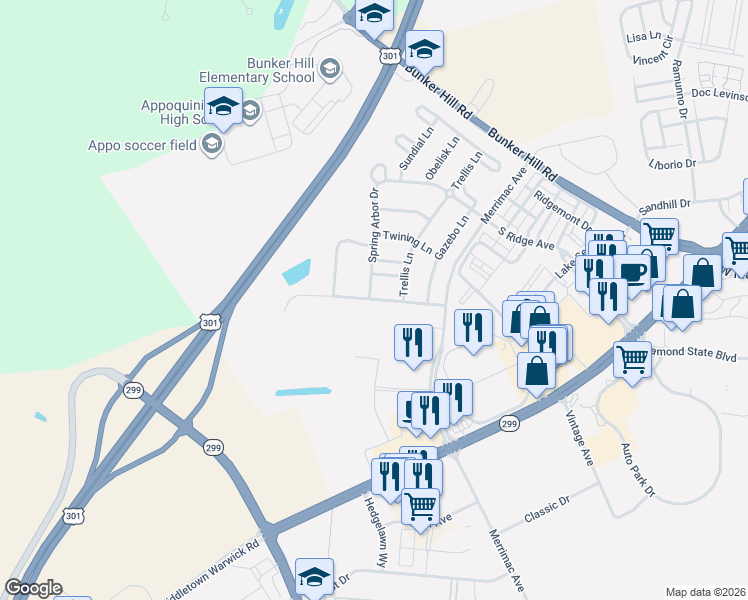 map of restaurants, bars, coffee shops, grocery stores, and more near 52 Spring Arbor Drive in Middletown