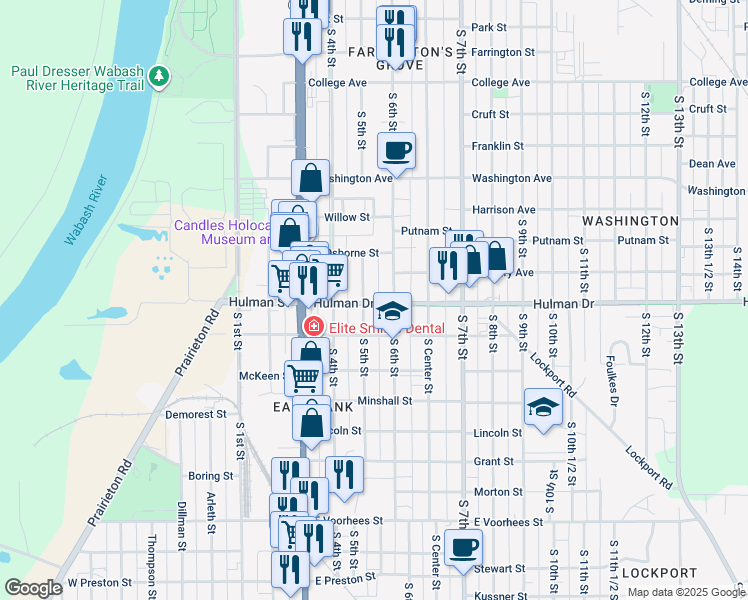 map of restaurants, bars, coffee shops, grocery stores, and more near 504 Hulman Street in Terre Haute