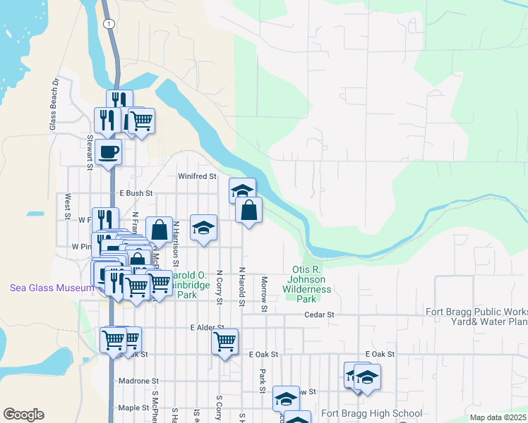 map of restaurants, bars, coffee shops, grocery stores, and more near 500 North Harold Street in Fort Bragg