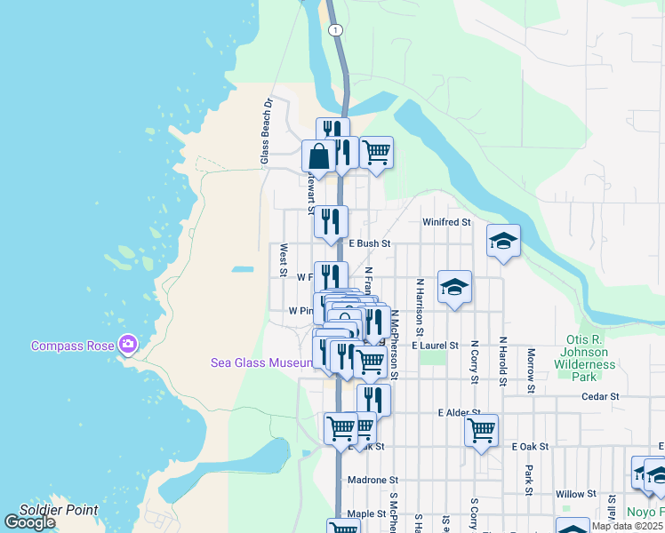 map of restaurants, bars, coffee shops, grocery stores, and more near 615 North Main Street in Fort Bragg
