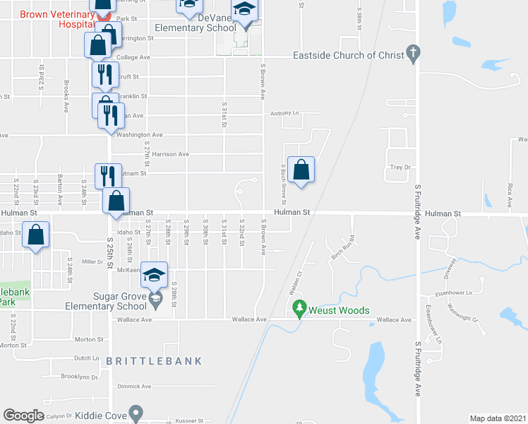 map of restaurants, bars, coffee shops, grocery stores, and more near 3299 Hulman Street in Terre Haute