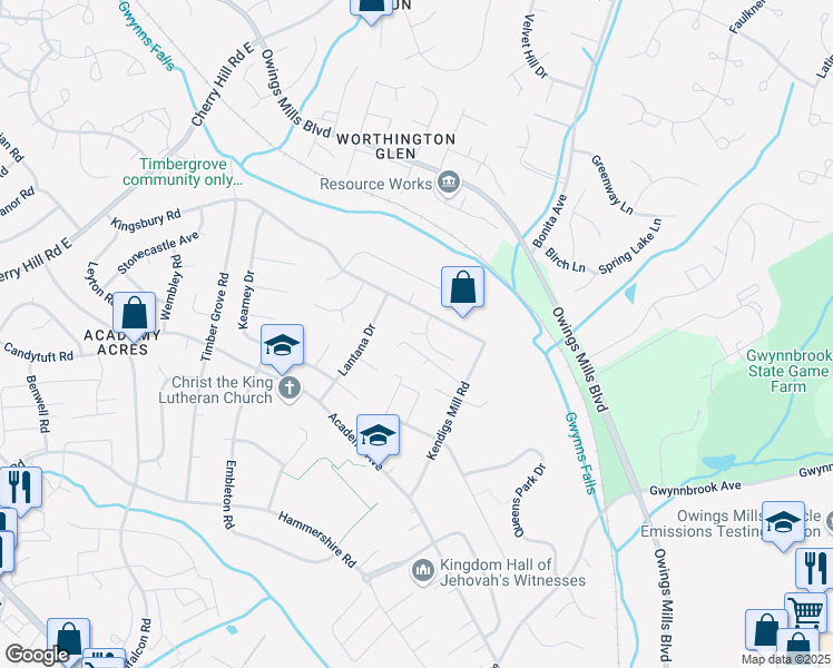 map of restaurants, bars, coffee shops, grocery stores, and more near 8 Birch Bark Court in Owings Mills