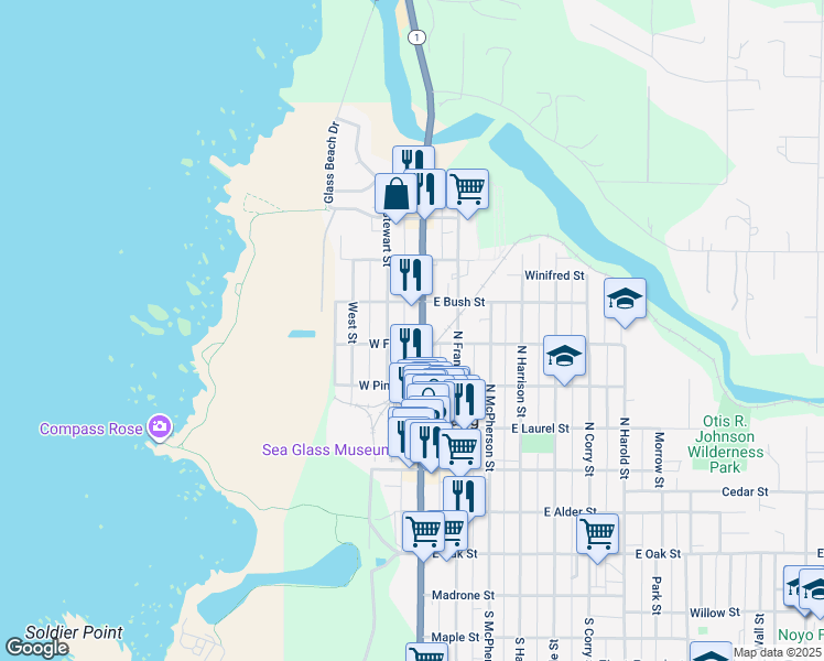 map of restaurants, bars, coffee shops, grocery stores, and more near 615 North Main Street in Fort Bragg