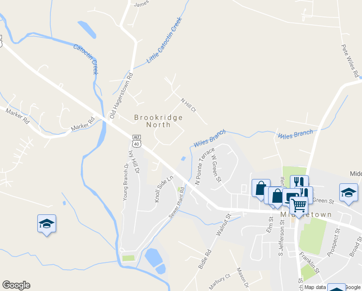 map of restaurants, bars, coffee shops, grocery stores, and more near 8009 East Brookridge Drive in Middletown