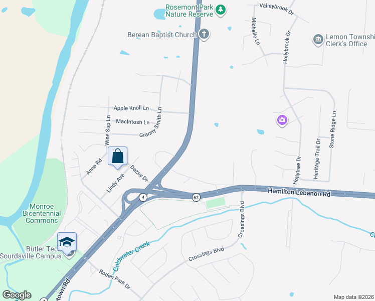 map of restaurants, bars, coffee shops, grocery stores, and more near 6114 Hamilton Middletown Road in Middletown