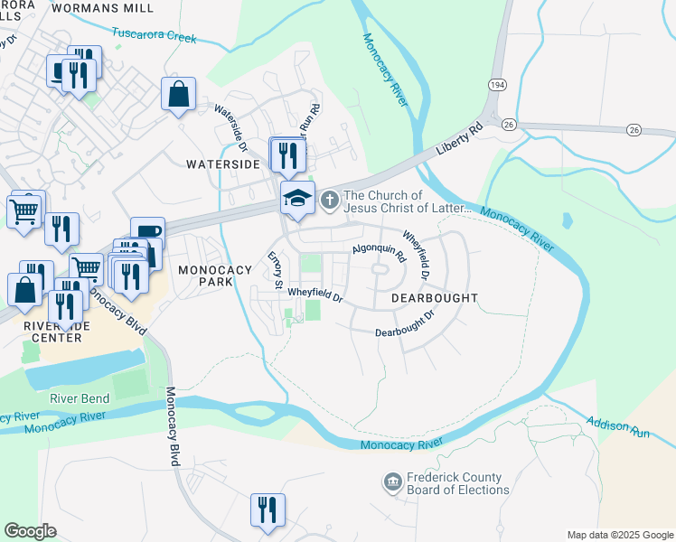 map of restaurants, bars, coffee shops, grocery stores, and more near 1715 Algonquin Road in Frederick