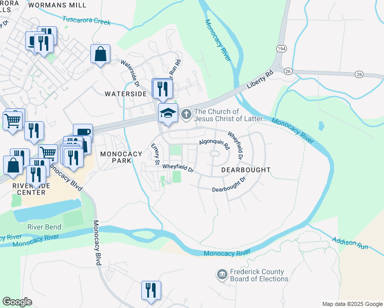 map of restaurants, bars, coffee shops, grocery stores, and more near 1715 Algonquin Road in Frederick