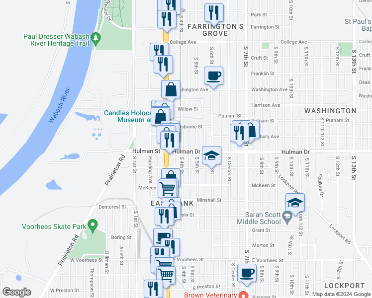 map of restaurants, bars, coffee shops, grocery stores, and more near 1656 South 4th Street in Terre Haute