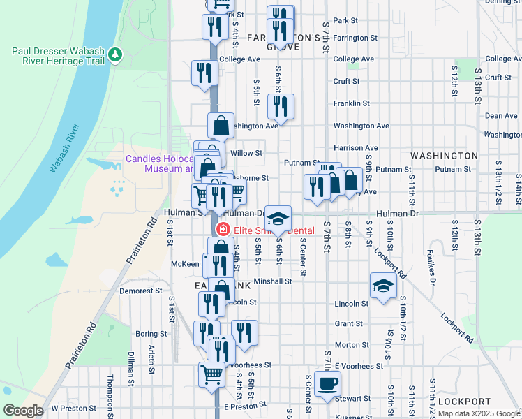 map of restaurants, bars, coffee shops, grocery stores, and more near 504 Hulman Street in Terre Haute