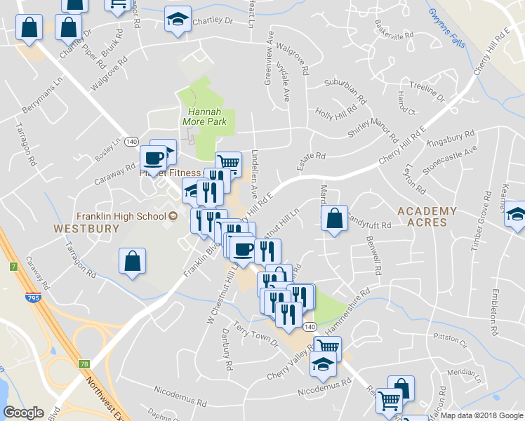 map of restaurants, bars, coffee shops, grocery stores, and more near 19 Cherry Hill Road East in Reisterstown