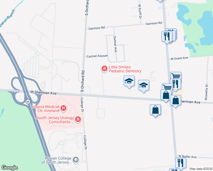 map of restaurants, bars, coffee shops, grocery stores, and more near 1292 West Sherman Avenue in Vineland