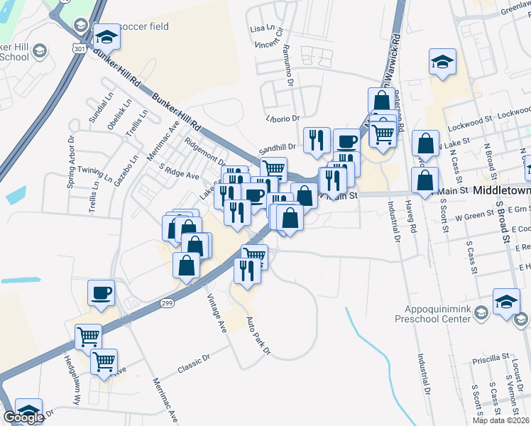 map of restaurants, bars, coffee shops, grocery stores, and more near 1004 Bunker Hill Road in Middletown