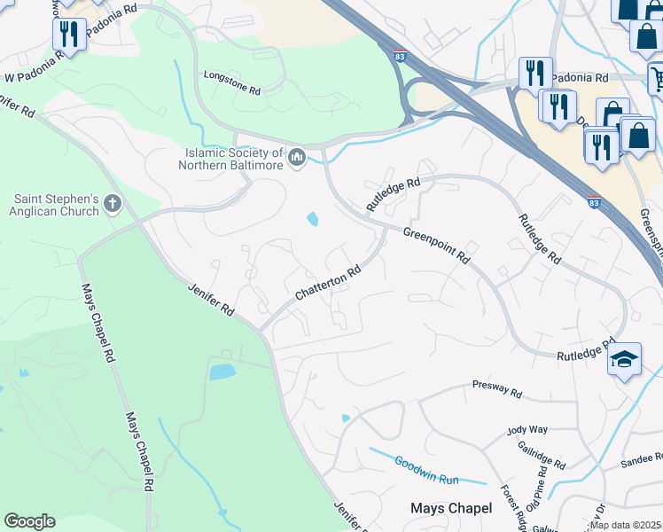 map of restaurants, bars, coffee shops, grocery stores, and more near 41 Merrion Court in Lutherville-Timonium