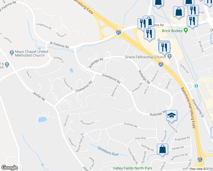 map of restaurants, bars, coffee shops, grocery stores, and more near 26 Salthill Court in Lutherville-Timonium