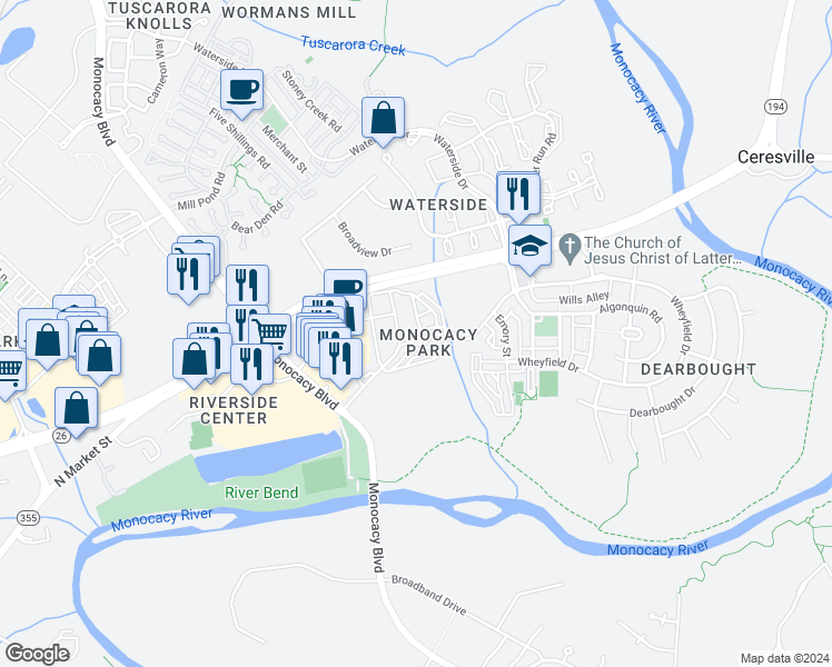 map of restaurants, bars, coffee shops, grocery stores, and more near 1501 Holland Park Lane in Frederick