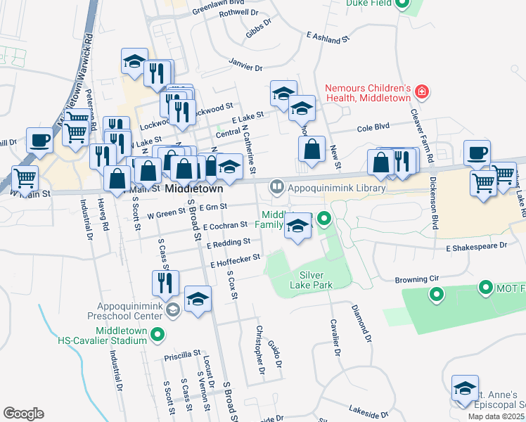 map of restaurants, bars, coffee shops, grocery stores, and more near 9 South Catherine Street in Middletown