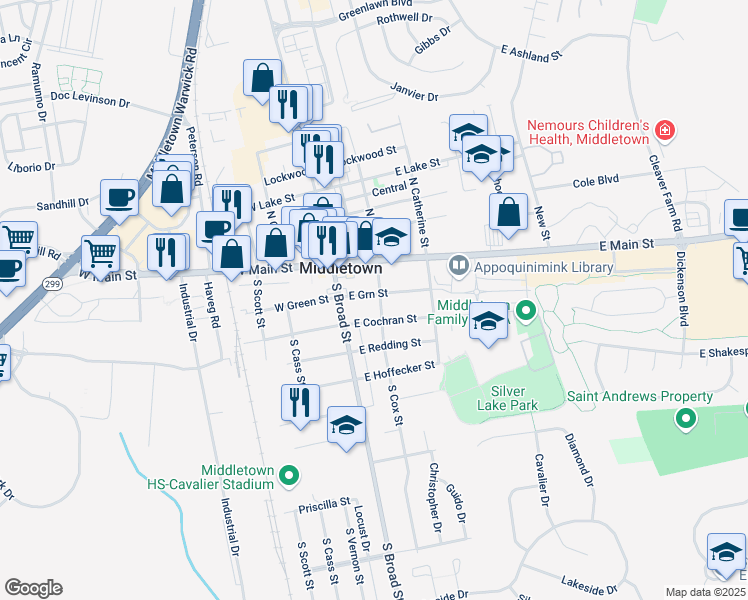 map of restaurants, bars, coffee shops, grocery stores, and more near 8 East Green Street in Middletown