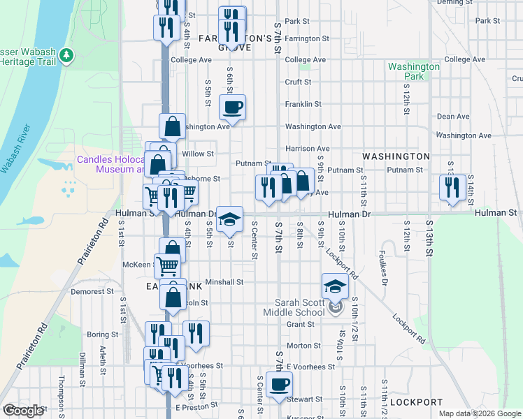 map of restaurants, bars, coffee shops, grocery stores, and more near 1624 South Center Street in Terre Haute
