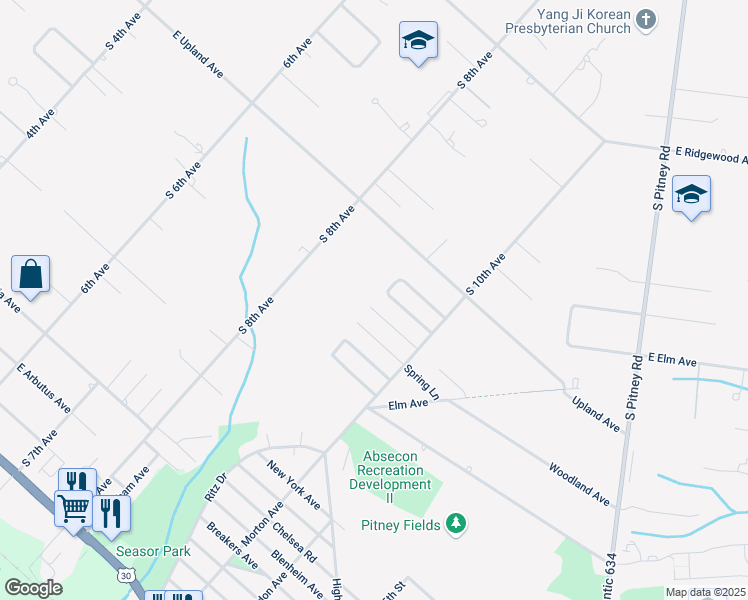map of restaurants, bars, coffee shops, grocery stores, and more near 1114 Delmar Court in Absecon