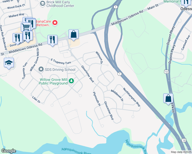 map of restaurants, bars, coffee shops, grocery stores, and more near 16 Springfield Circle in Middletown