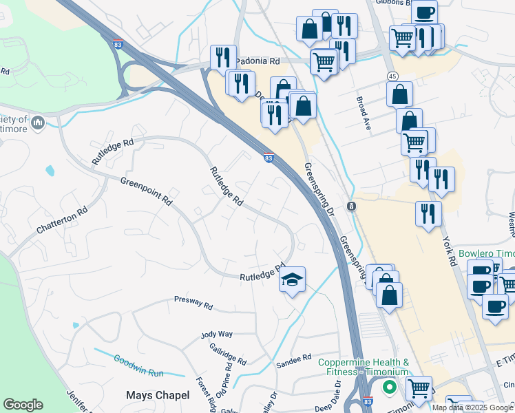 map of restaurants, bars, coffee shops, grocery stores, and more near 8 Crotona Court in Lutherville-Timonium